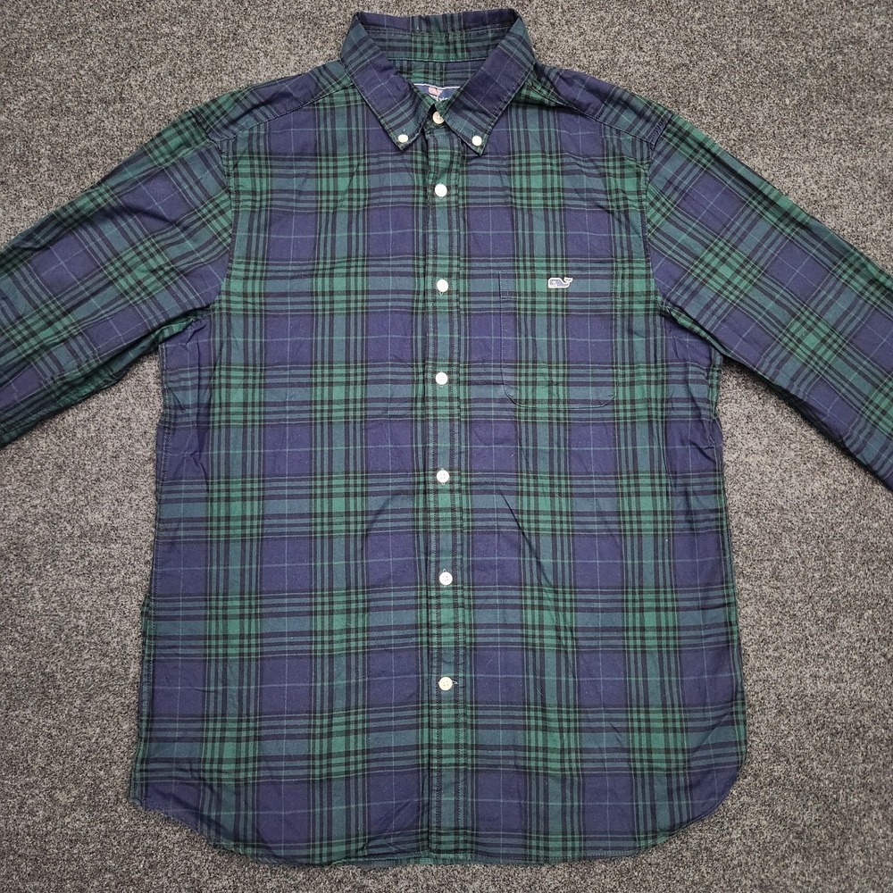 Vineyard Vines Mens Medium Navy Blue Dark Green Plaid Button Down Shirt - Picture 2 of 8
